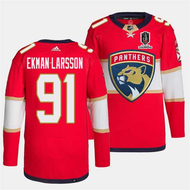 Men%27s Florida Panthers #91 Oliver Ekman-Larsson Red Home 2024 Stanley Cup Champions Stitched Jersey Dzhi